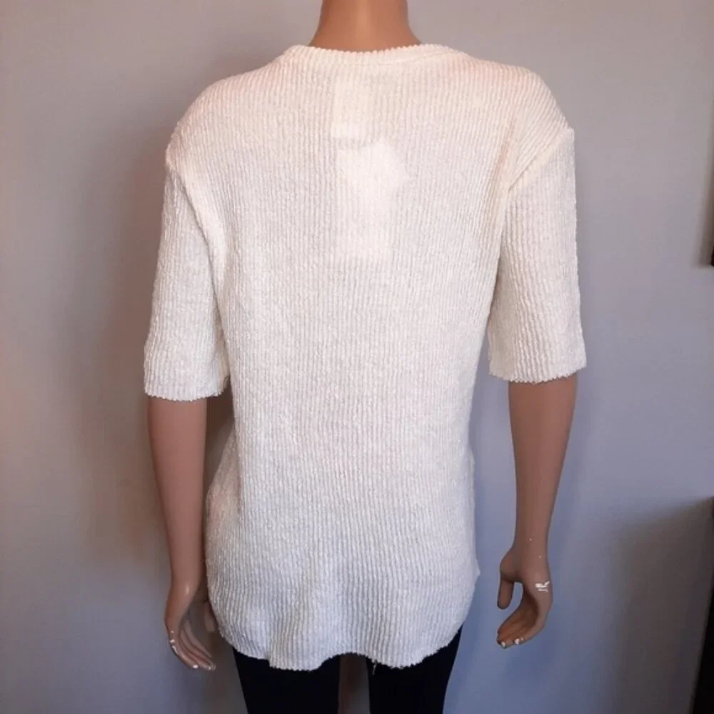 NEW Zara Oversized Ribbed Knit Short Sleeve Sweater Raw Hem Slouched Ivory - Picture 4 of 13